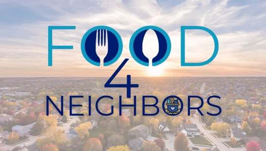 The 'Food 4 Neighbors' logo is superimposed over an aerial view of a suburban neighborhood with autumn trees at sunset.